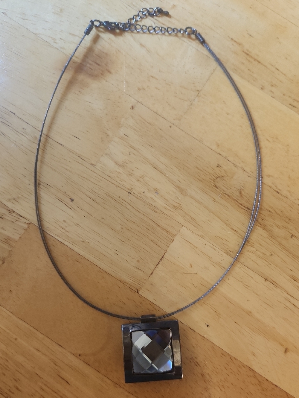 Square Crystal Pendant Necklace in Gray Silver
